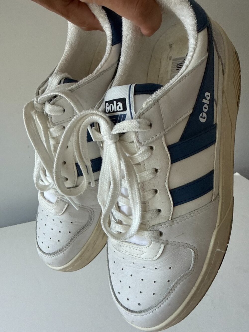 Gola White Navy Leather Retro Court Sneakers Lace Up Shoes | Size 8.5